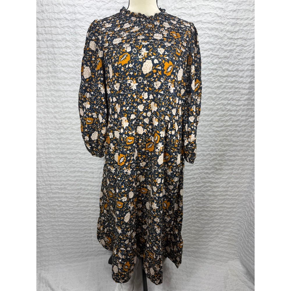 Universal Thread Navy Floral Smocked Midi Dress Long Sleeve Ruffle Neck Large